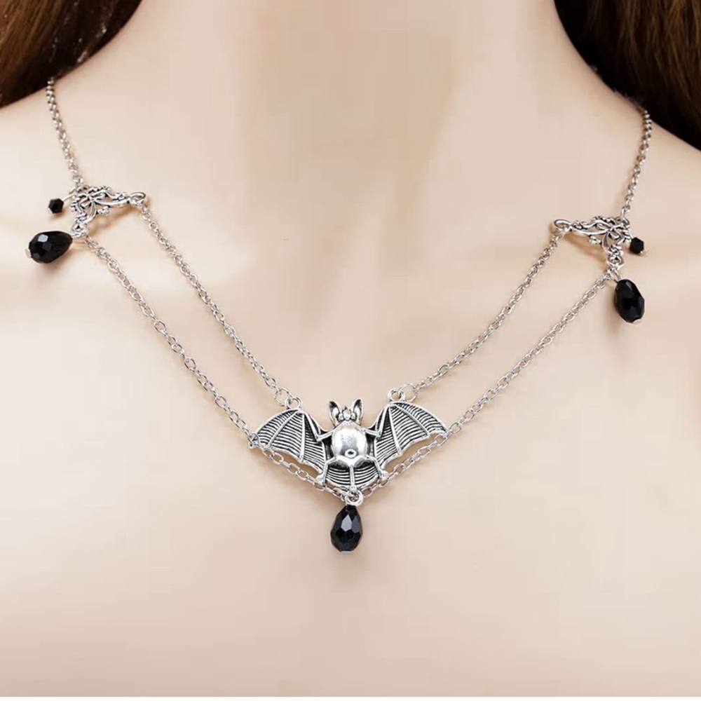 Silver Bat Pendant Necklace with Black Accents